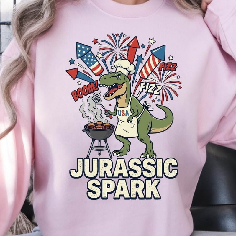 Jurassic Spark BBQ 4th Of July TRex Graphic Tee 1