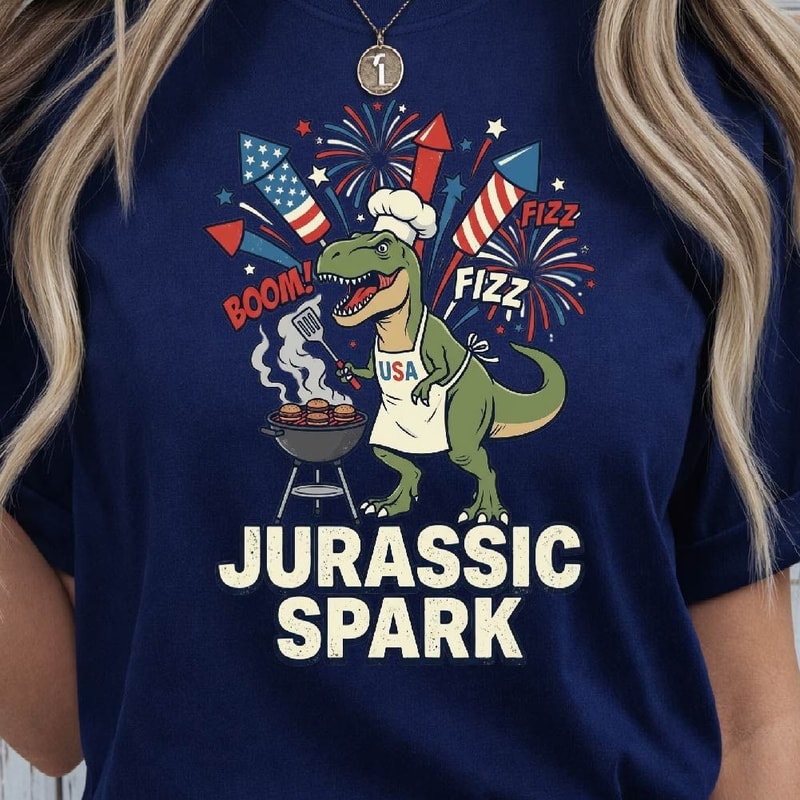 Jurassic Spark BBQ 4th Of July TRex Graphic Tee 4