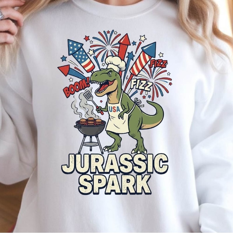 Jurassic Spark BBQ 4th Of July TRex Graphic Tee 0