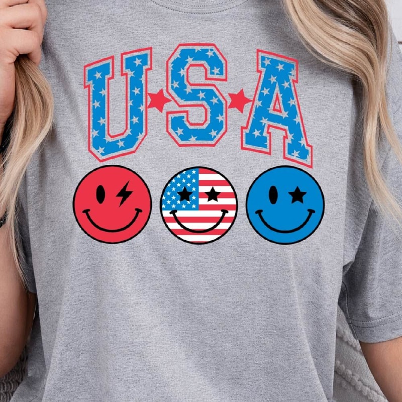 USA Smiley Face Patriotic 4th Of July Graphic Tee 1