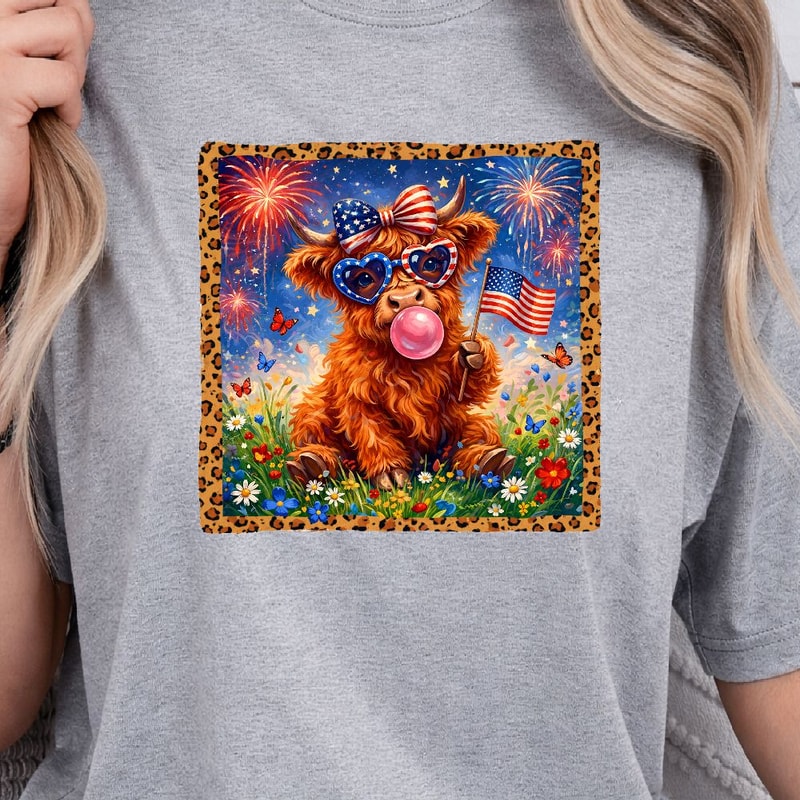 4th Of July Highland Cow Bow Patriotic Shirt Independence Day Cow Graphic Tee 0