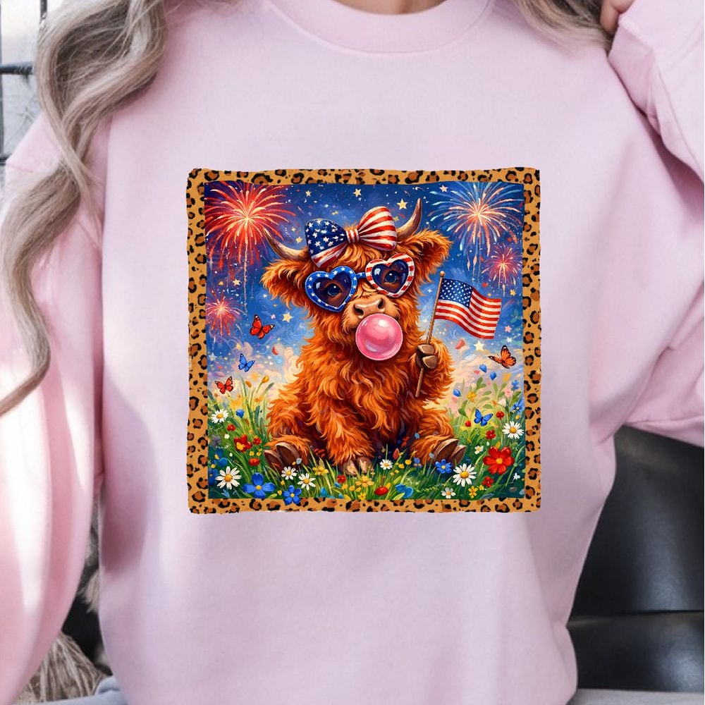 4th Of July Highland Cow Bow Patriotic Shirt Independence Day Cow Graphic Tee 2