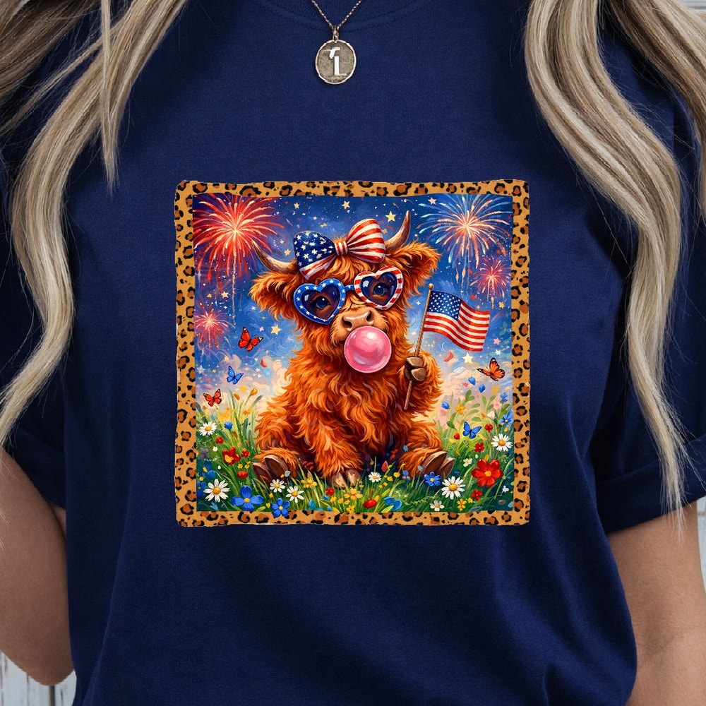 4th Of July Highland Cow Bow Patriotic Shirt Independence Day Cow Graphic Tee 3