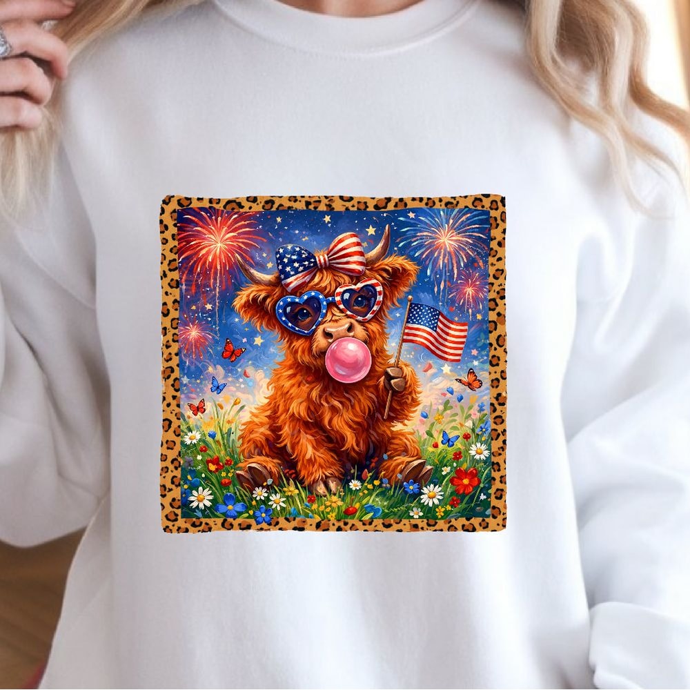 4th Of July Highland Cow Bow Patriotic Shirt Independence Day Cow Graphic Tee 4