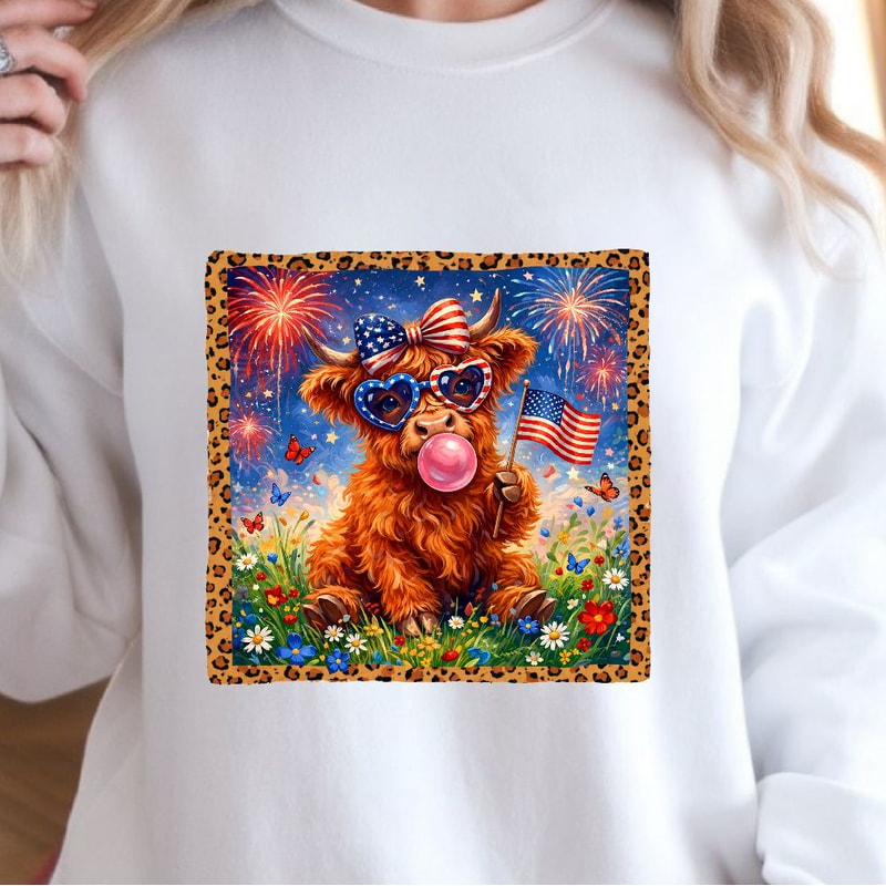 4th Of July Highland Cow Bow Patriotic Shirt Independence Day Cow Graphic Tee 4