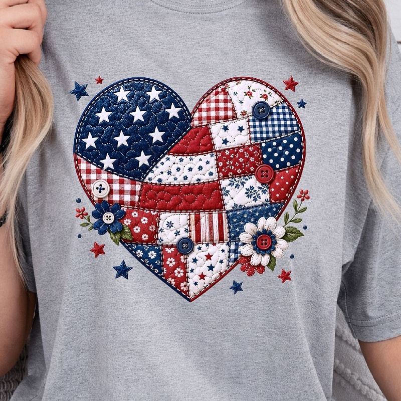 Patchwork American Flag Heart 4th Of July Patriotic Shirt USA Independence Day Tee 1