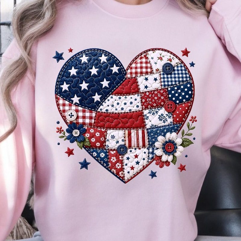 Patchwork American Flag Heart 4th Of July Patriotic Shirt USA Independence Day Tee 3