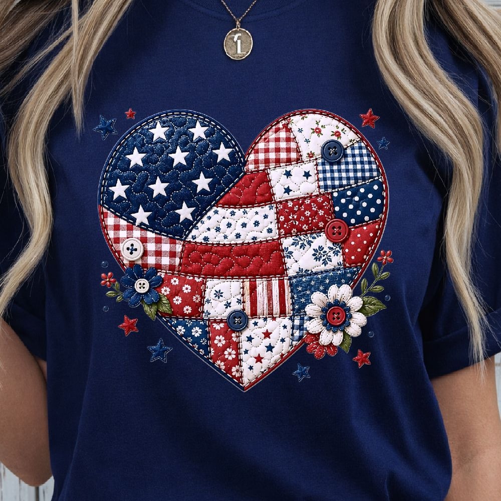 Patchwork American Flag Heart 4th Of July Patriotic Shirt USA Independence Day Tee 0