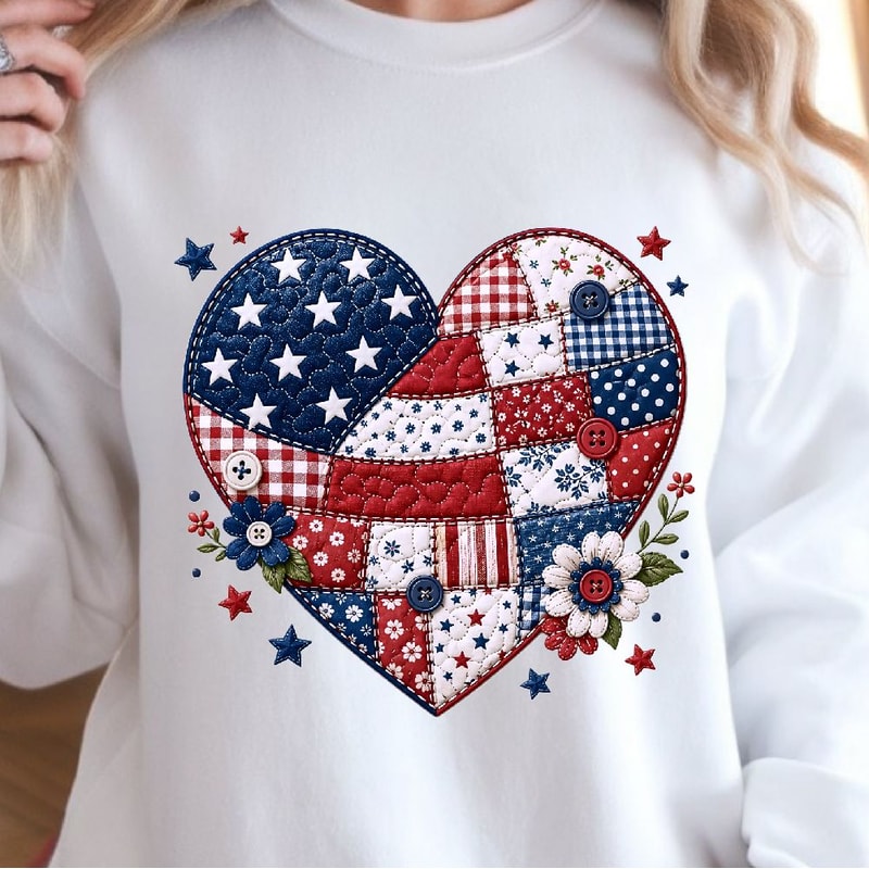 Patchwork American Flag Heart 4th Of July Patriotic Shirt USA Independence Day Tee 4