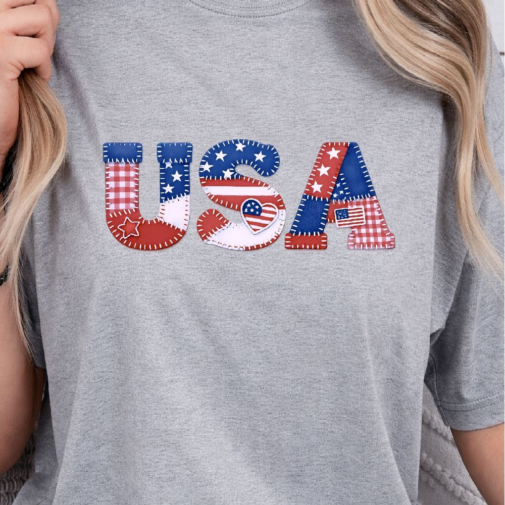 Patchwork USA Letters 4th Of July Patriotic Shirt Independence Day American Flag Tee 1