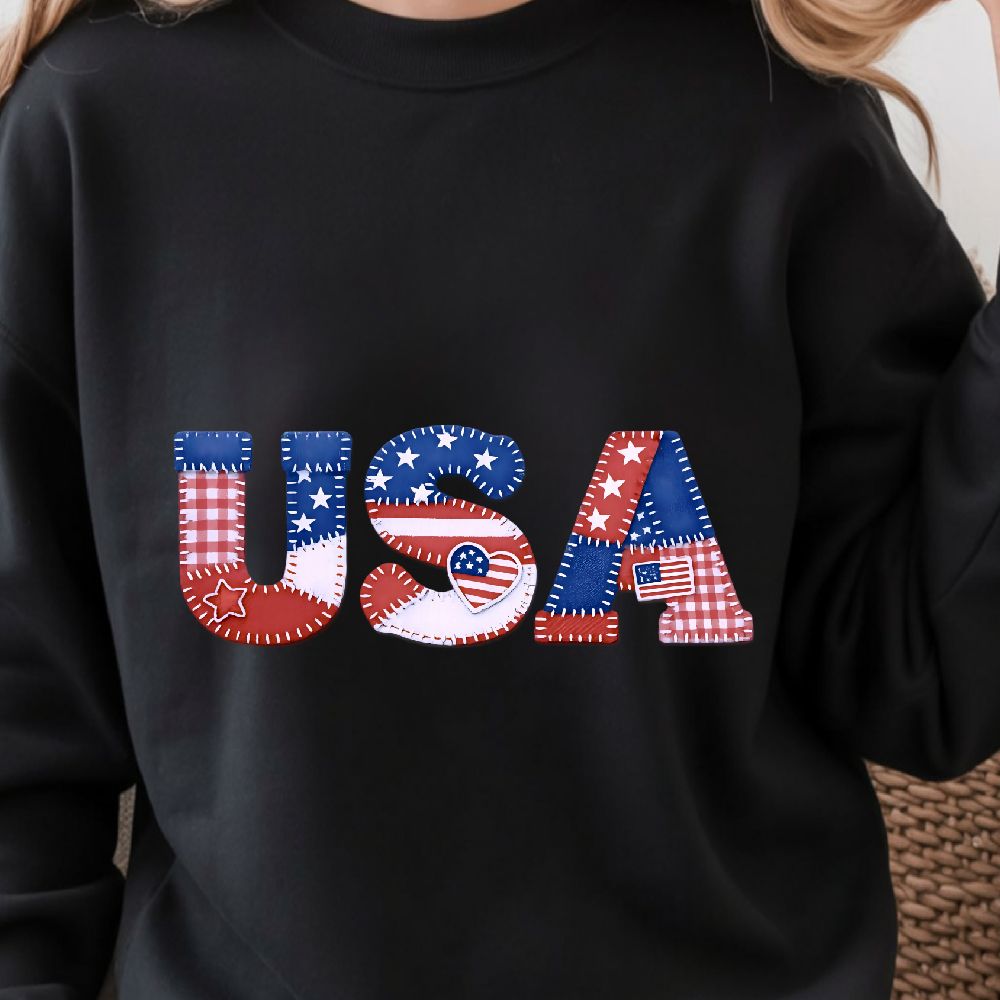 Patchwork USA Letters 4th Of July Patriotic Shirt Independence Day American Flag Tee 0