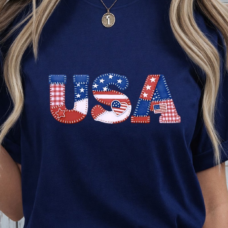 Patchwork USA Letters 4th Of July Patriotic Shirt Independence Day American Flag Tee 3