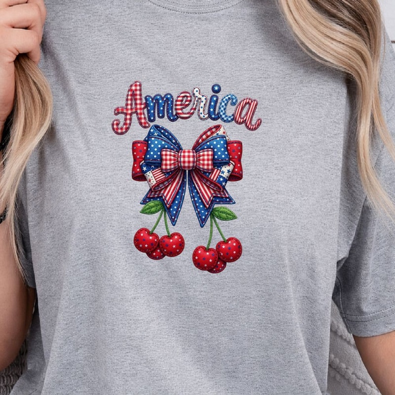 Patriotic America Cherry Bow 4th Of July Shirt Cute USA Flag Independence Day Tee 1