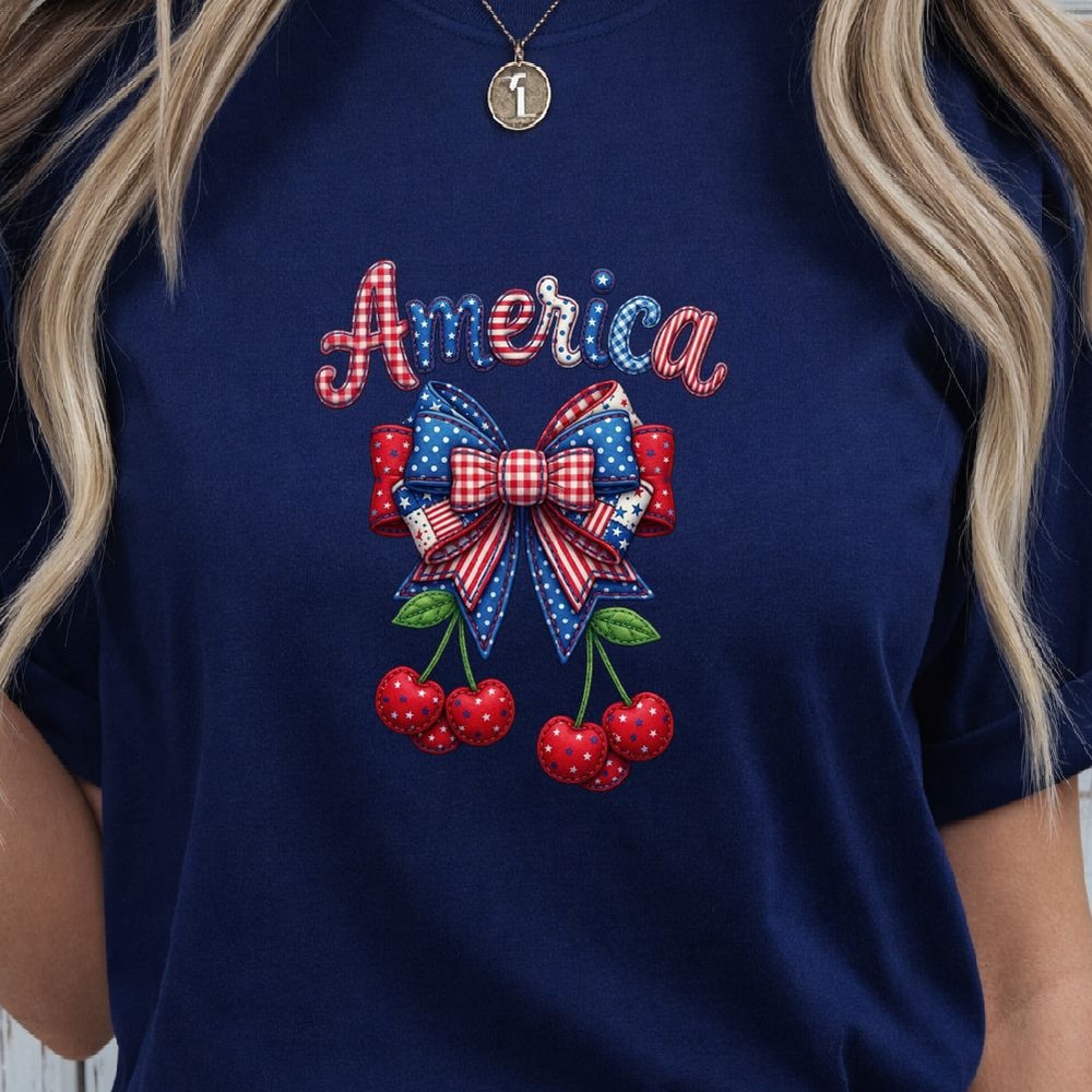 Patriotic America Cherry Bow 4th Of July Shirt Cute USA Flag Independence Day Tee 4