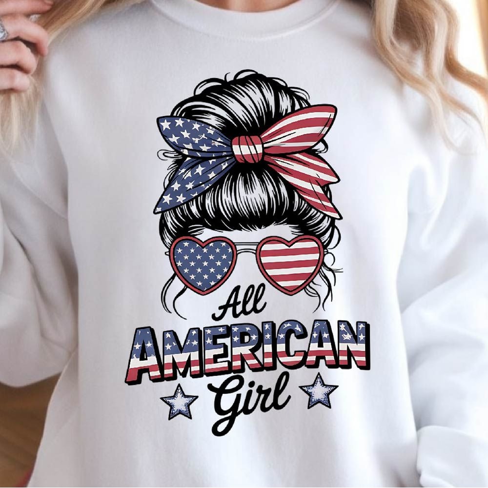 All American Girl Messy Bun 4th Of July Graphic Tee 1