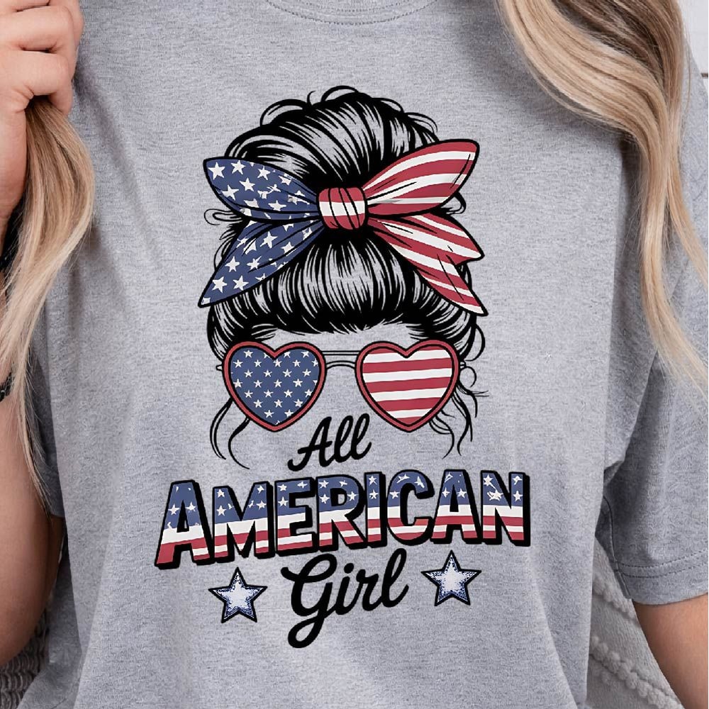 All American Girl Messy Bun 4th Of July Graphic Tee 0