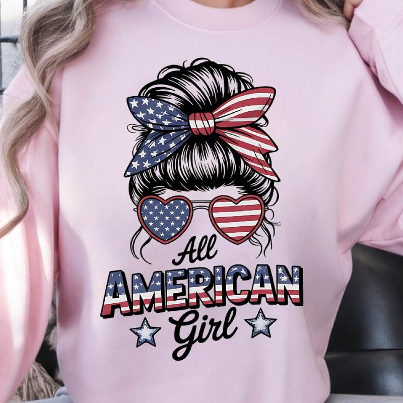 All American Girl Messy Bun 4th Of July Graphic Tee 2