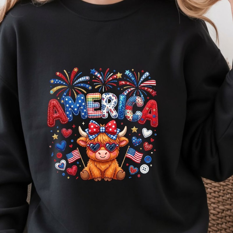 Patriotic Cow 4th Of July Glitter Graphic Tee Red White Blue Cow Shirt 0