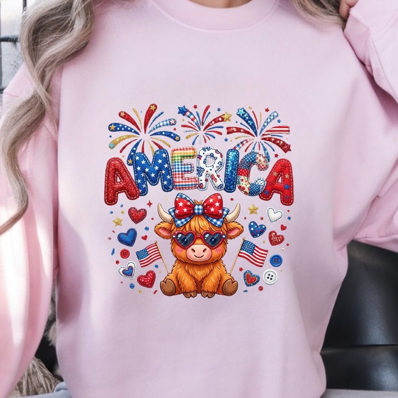 Patriotic Cow 4th Of July Glitter Graphic Tee Red White Blue Cow Shirt 2