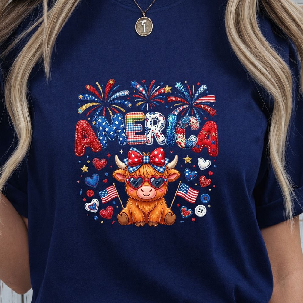 Patriotic Cow 4th Of July Glitter Graphic Tee Red White Blue Cow Shirt 3
