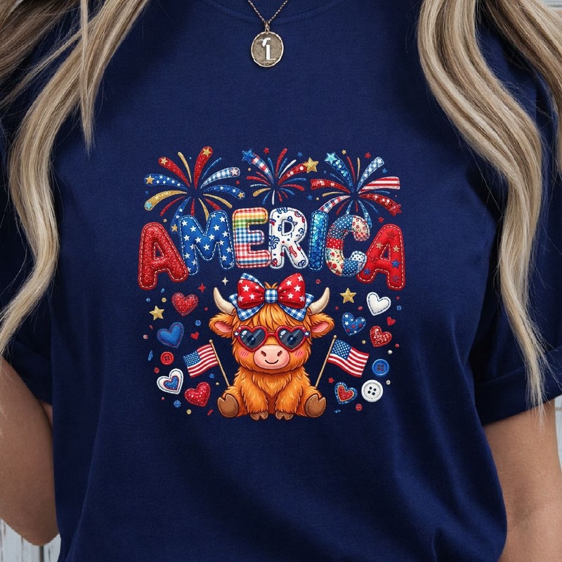 Patriotic Cow 4th Of July Glitter Graphic Tee Red White Blue Cow Shirt 3
