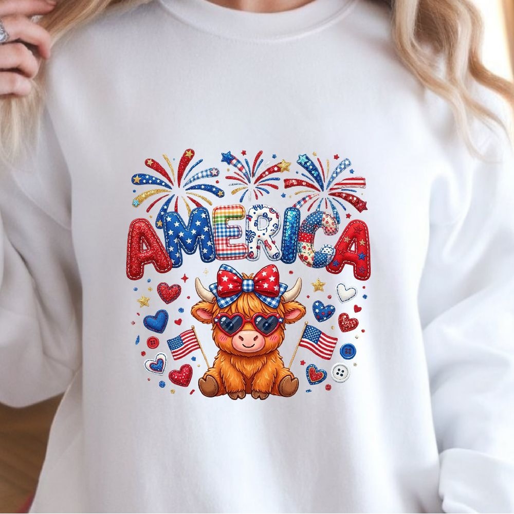 Patriotic Cow 4th Of July Glitter Graphic Tee Red White Blue Cow Shirt 4