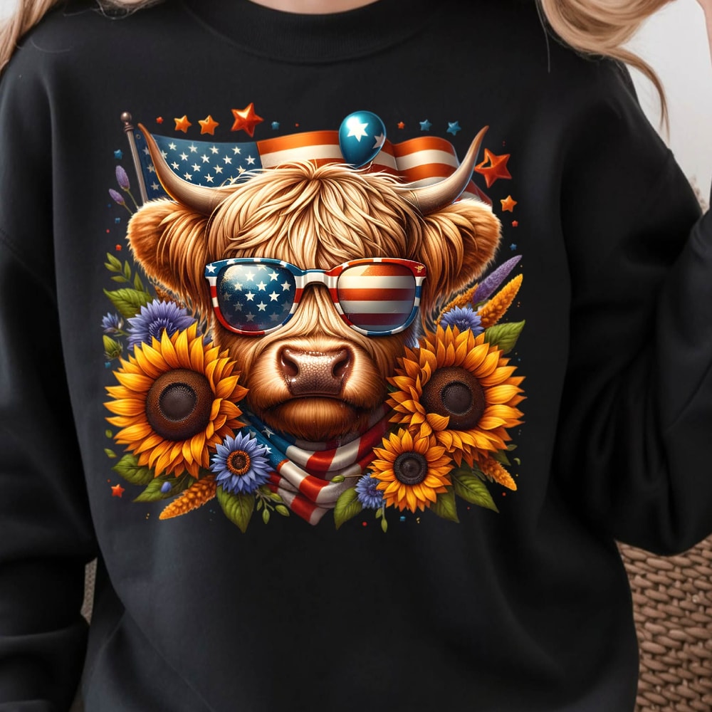 4th Of July Patriotic Highland Cow Graphic Tee 1