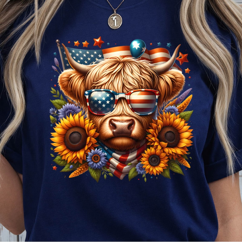 4th Of July Patriotic Highland Cow Graphic Tee 3