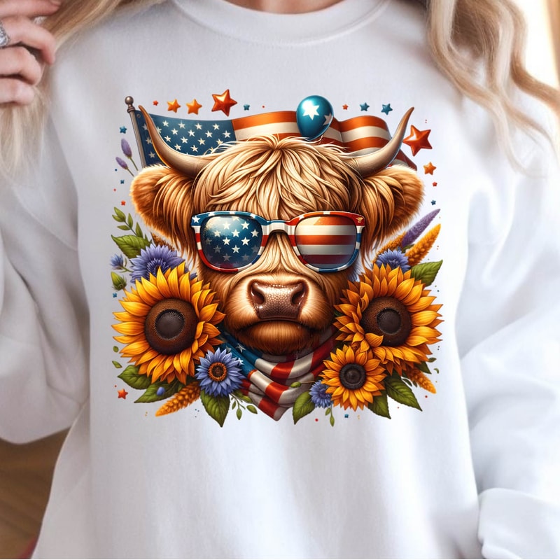 4th Of July Patriotic Highland Cow Graphic Tee 0