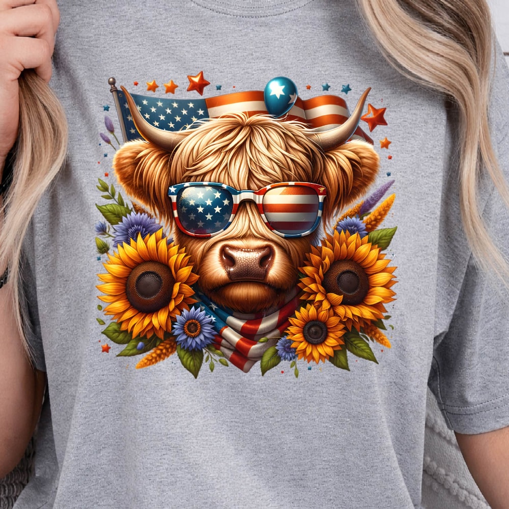 4th Of July Patriotic Highland Cow Graphic Tee 4