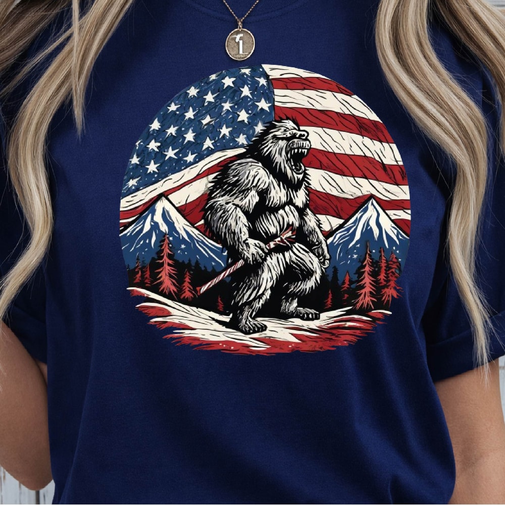 Bigfoot Mountain American Flag 4th Of July Graphic Tee 3