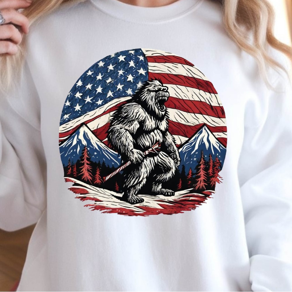 Bigfoot Mountain American Flag 4th Of July Graphic Tee 1