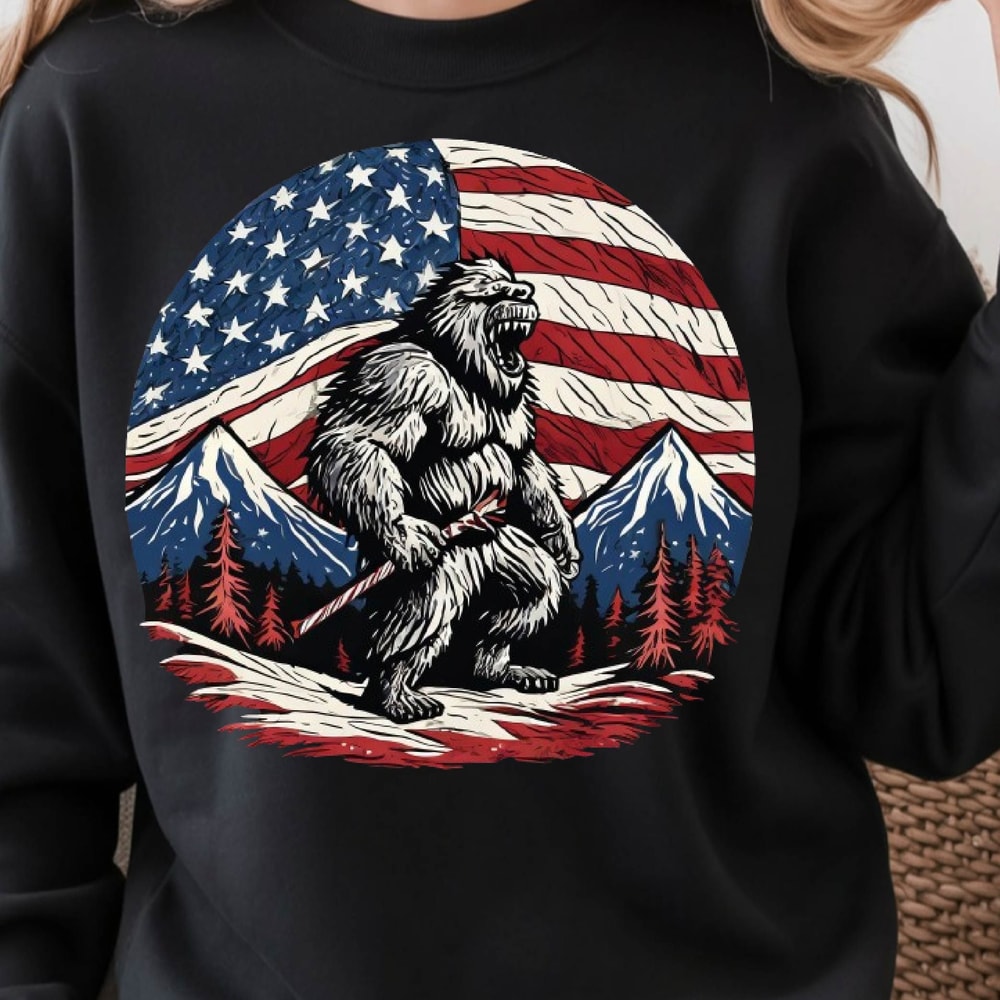 Bigfoot Mountain American Flag 4th Of July Graphic Tee 2