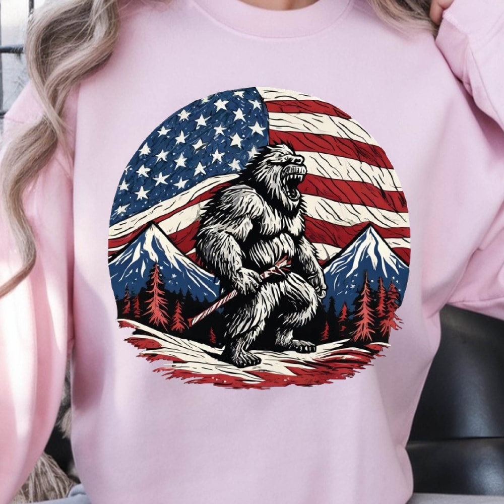 Bigfoot Mountain American Flag 4th Of July Graphic Tee 0