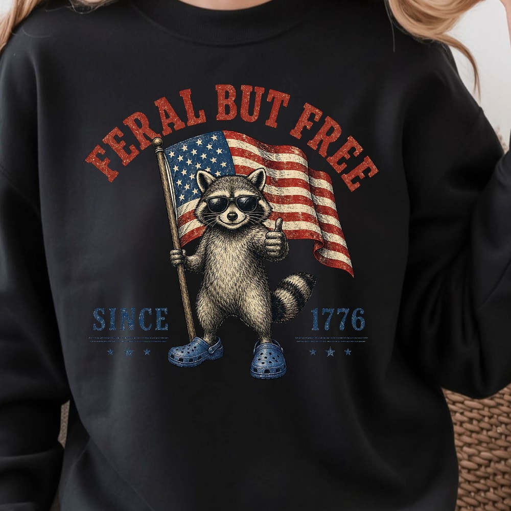 Feral But Free Raccoon 4th Of July Patriotic Graphic Tee 2