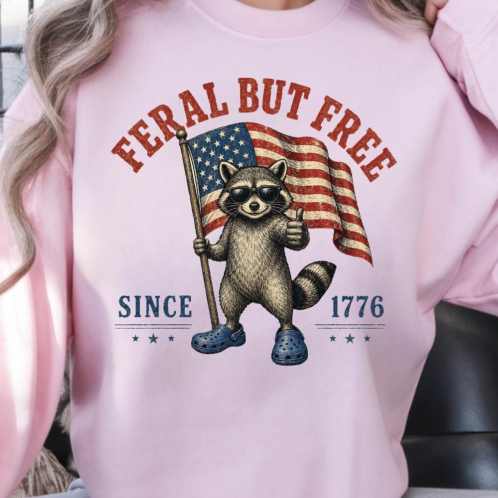 Feral But Free Raccoon 4th Of July Patriotic Graphic Tee 3