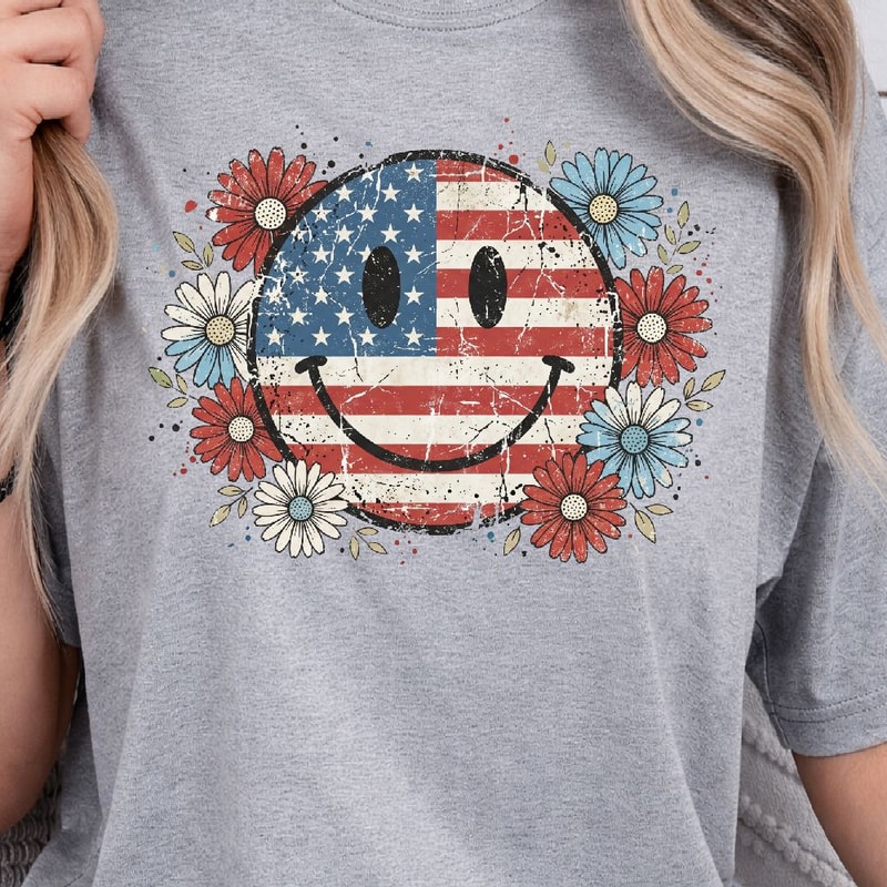 Floral Smiley 4th Of July Decor Patriotic Happy Face Flower Holiday Ornament 1
