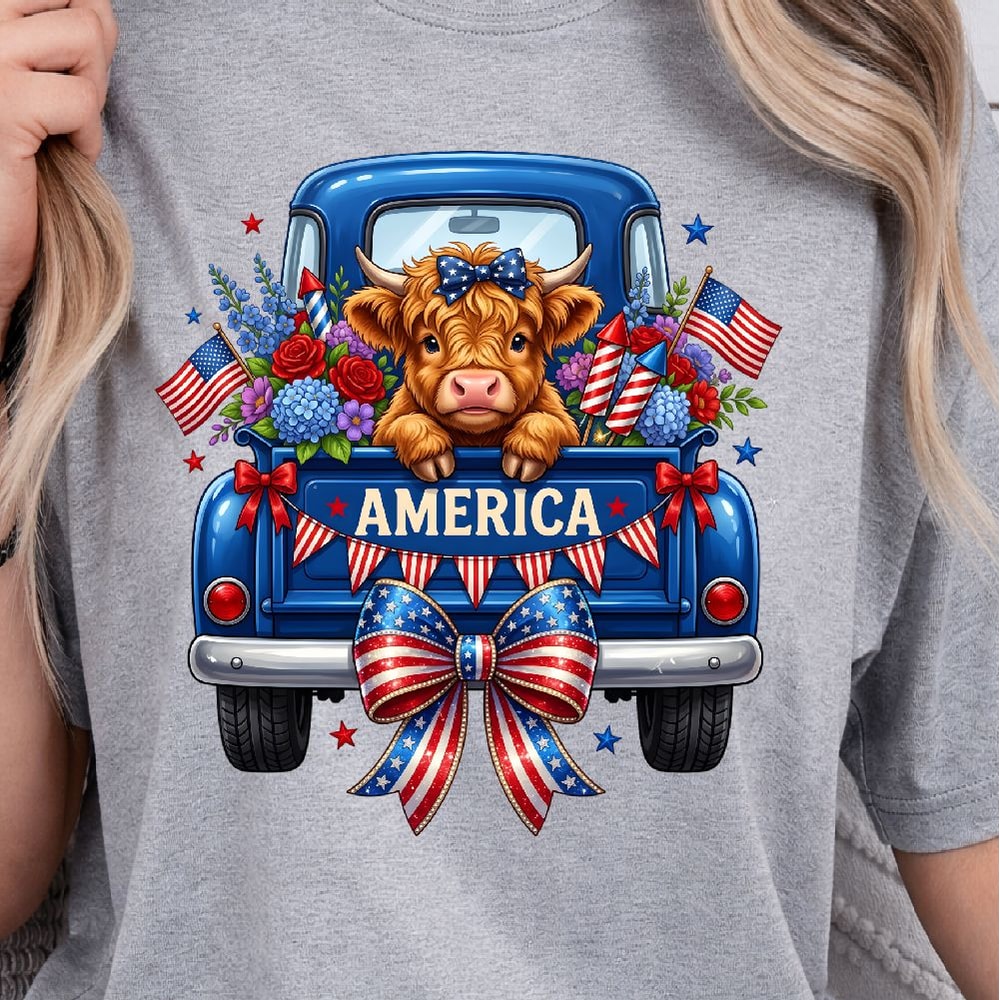 Highland Cow 4th Of July Patriotic TShirt Design Red White Blue Independence Day Animal Graphic Te 1