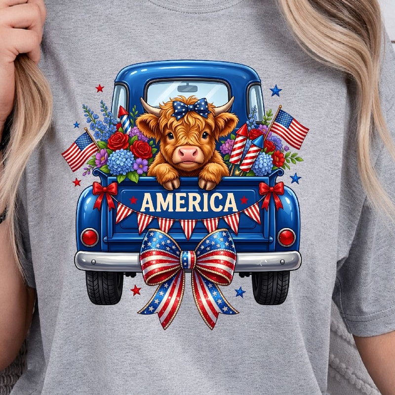 Highland Cow 4th Of July Patriotic TShirt Design Red White Blue Independence Day Animal Graphic Te 1