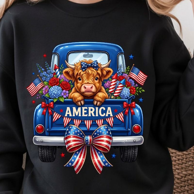 Highland Cow 4th Of July Patriotic TShirt Design Red White Blue Independence Day Animal Graphic Te 2