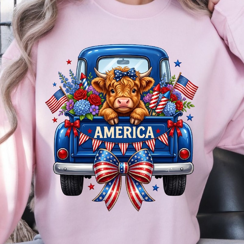 Highland Cow 4th Of July Patriotic TShirt Design Red White Blue Independence Day Animal Graphic Te 3