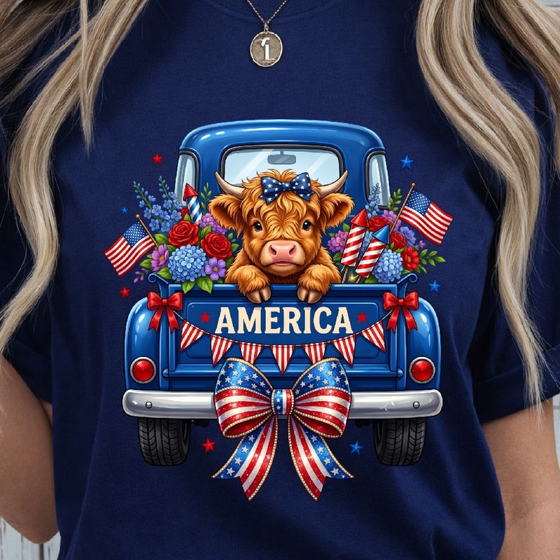 Highland Cow 4th Of July Patriotic TShirt Design Red White Blue Independence Day Animal Graphic Te 4
