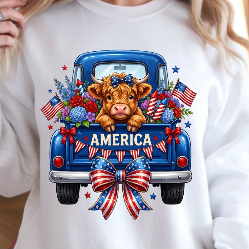 Highland Cow 4th Of July Patriotic TShirt Design Red White Blue Independence Day Animal Graphic Te 0