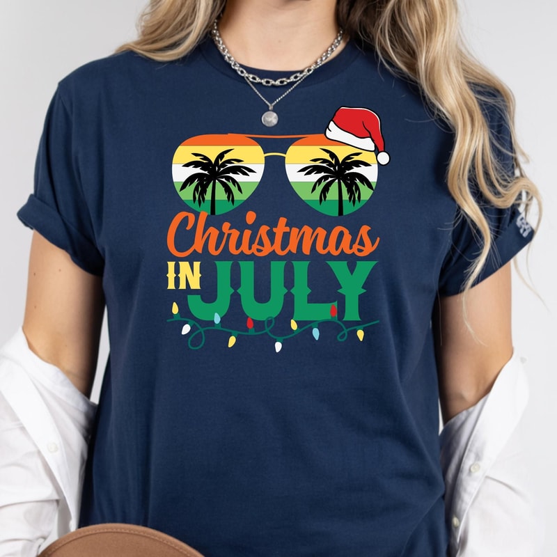 Christmas In July Palm Tree Sunglasses Summer Holiday Graphic Tee 0