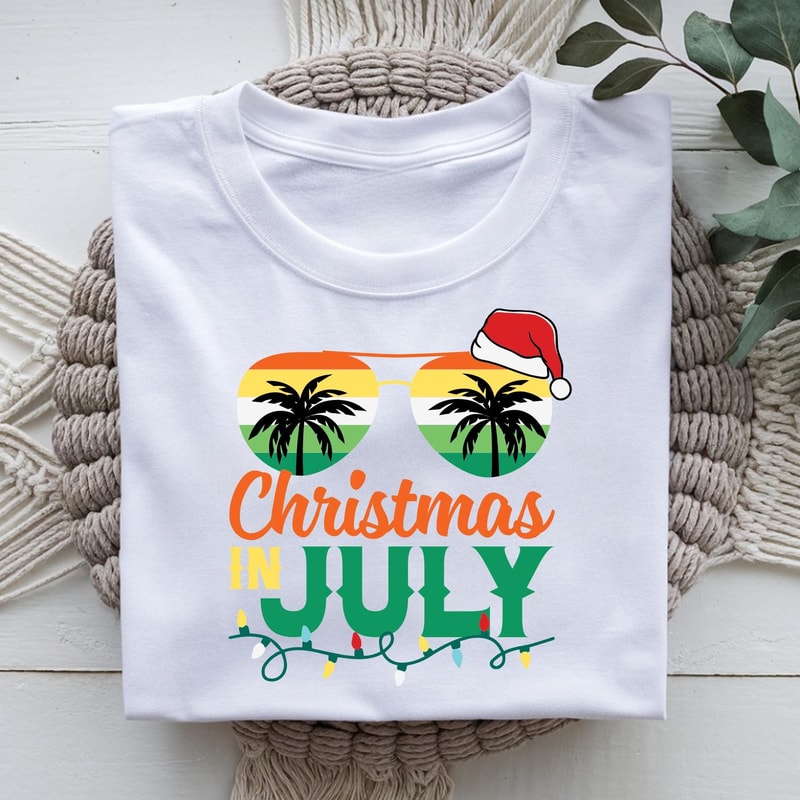 Christmas In July Palm Tree Sunglasses Summer Holiday Graphic Tee 2