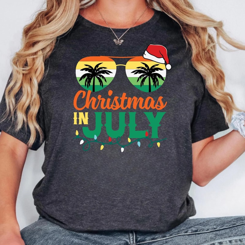 Christmas In July Palm Tree Sunglasses Summer Holiday Graphic Tee 5
