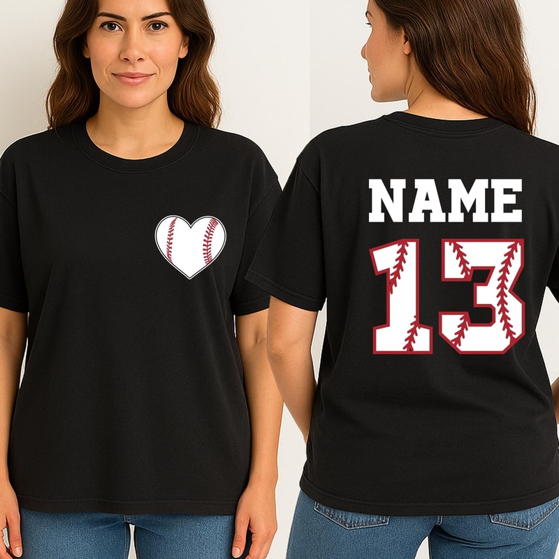 Personalized Baseball Heart Shirt With Custom Name And Number Baseball Mom Game Day Tee 0
