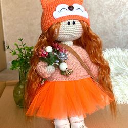 Crochet handmade doll with red hair Rag doll with set of clothes Cute ginger doll Organic safety doll for baby girl