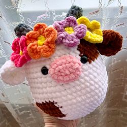 Crochet cow squishy toy Cute kawaii milk cow with flower as birthday gift for kids Cow plushie toy
