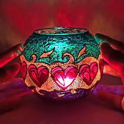 Handcrafted  Blue Glass Candle Holde With Red And And Pink Hearts
